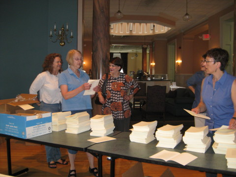 Collating the anthology Lynn, Leatha, Pam, Jan, and Gail 8-11-09 small